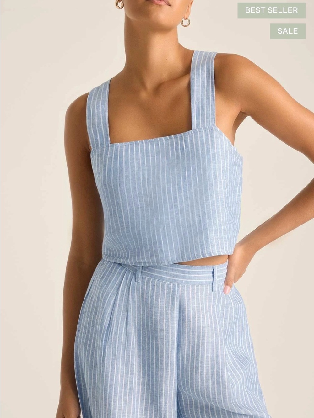 Vitamin A Light Blue & White Striped Linen Crop Top and High-Waist Pants Set